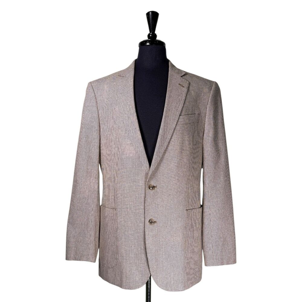 Stafford Linen Cotton Sport Coat Mens 42R Beige Houndstooth Blazer Jacket Summer